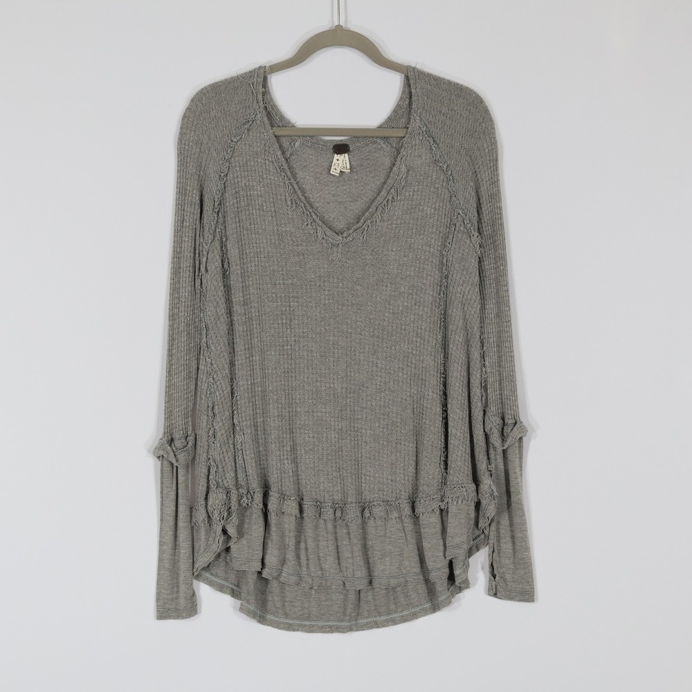 We The Free Thermal Top Women XS Grey Boho Ruffle Hem Slouchy Raw Edges Relaxed